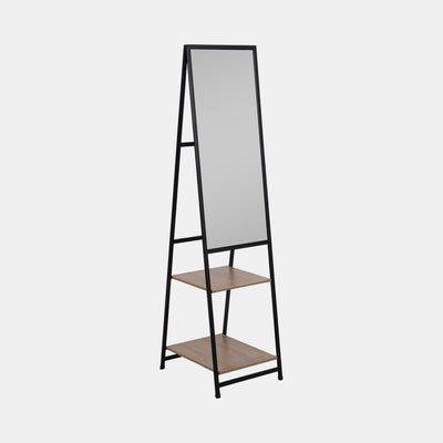 63" STANDING MIRROR WITH WOOD SHELVES - BLACK/NATURAL