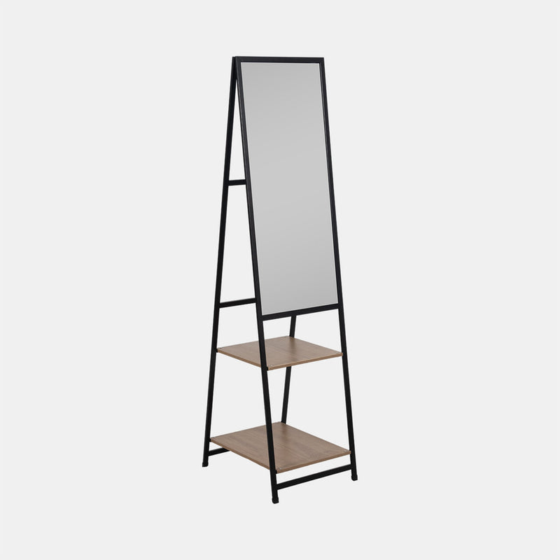 63" STANDING MIRROR WITH WOOD SHELVES - BLACK/NATURAL