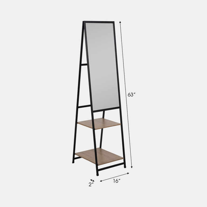 63" STANDING MIRROR WITH WOOD SHELVES - BLACK/NATURAL