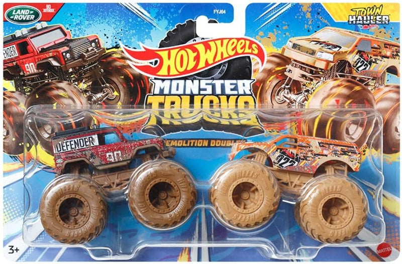 HOT WHEELS MONSTER TRUCKS 1:64 SCALE DEMOLITION DOUBLES - LAND ROVER DEFENDER VS TOWN HAULER TWIN PACK