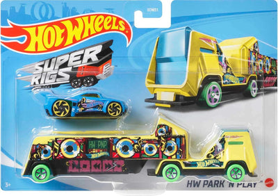 HOT WHEELS SUPER RIGS 1:64 SCALE RACE CAR & MATCHING SEMI TRUCK TRANSPORTER