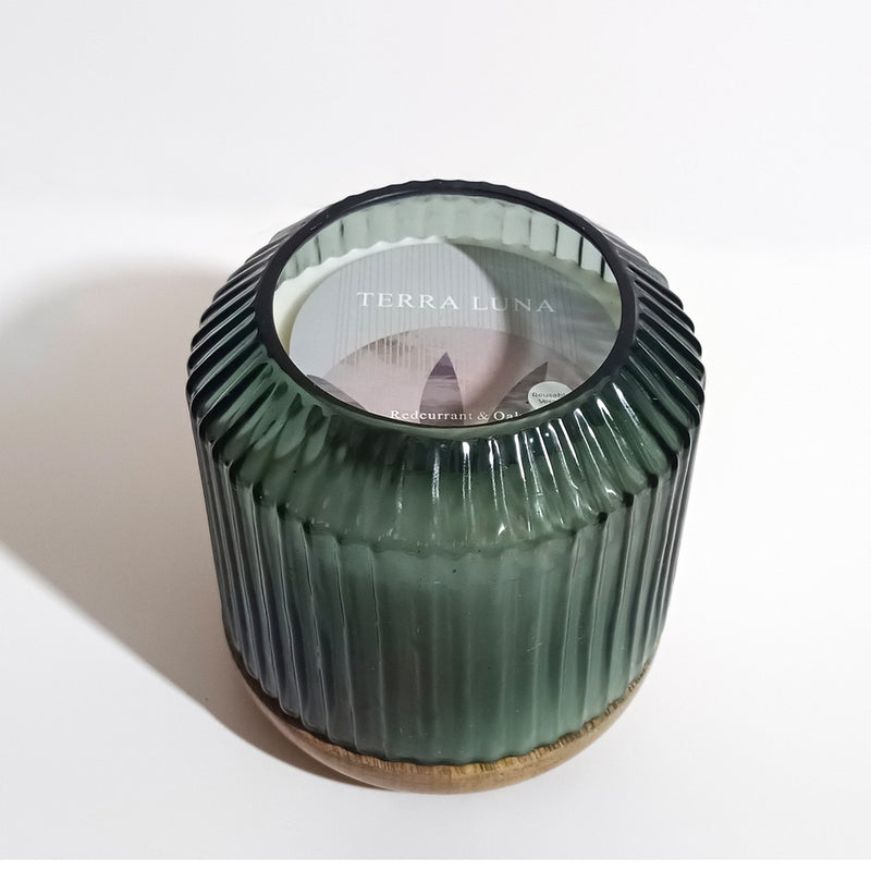 6" 42 OZ GLASS CANDLE WITH WOOD BASE - GREEN