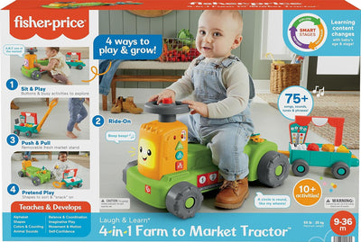 LAUGH & LEARN 4-IN-1 FARM TO MARKEY TRACTOR RIDE ON WITH PULL WAGON