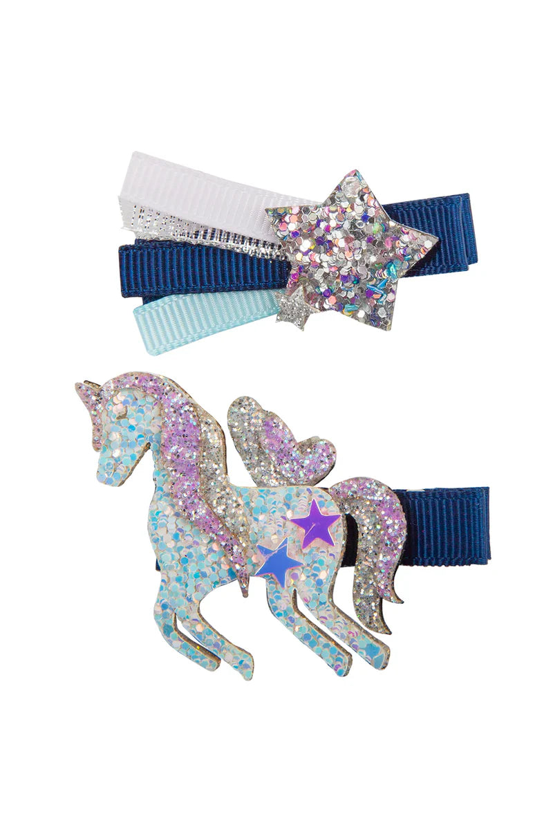BOUTIQUE NAVY UNICORN AND STAR HAIRCLIPS