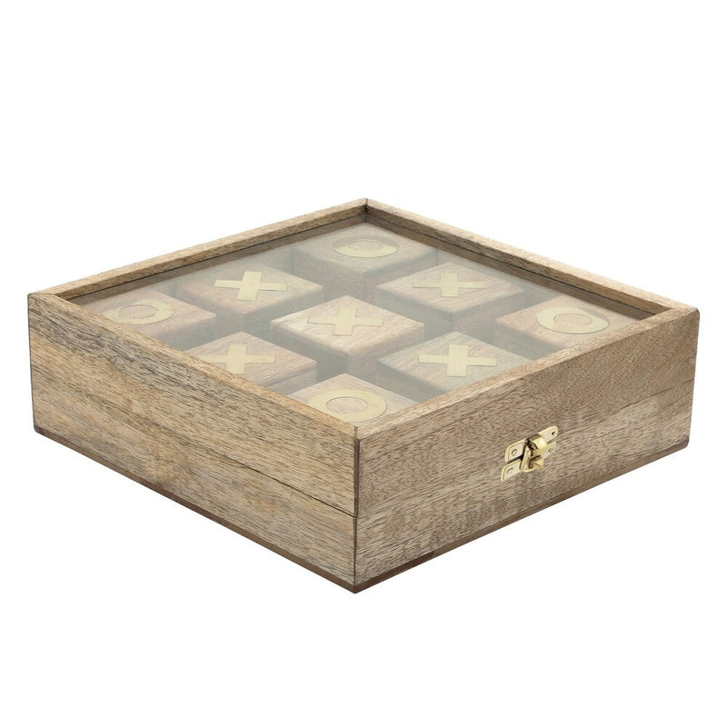 10" NATURAL BROWN WOODEN TIC TAC TOE IN CASE DECORATIVE TABLE GAME