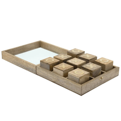 10" NATURAL BROWN WOODEN TIC TAC TOE IN CASE DECORATIVE TABLE GAME