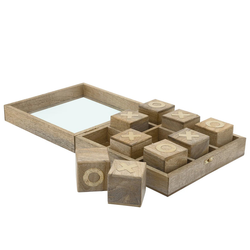 10" NATURAL BROWN WOODEN TIC TAC TOE IN CASE DECORATIVE TABLE GAME